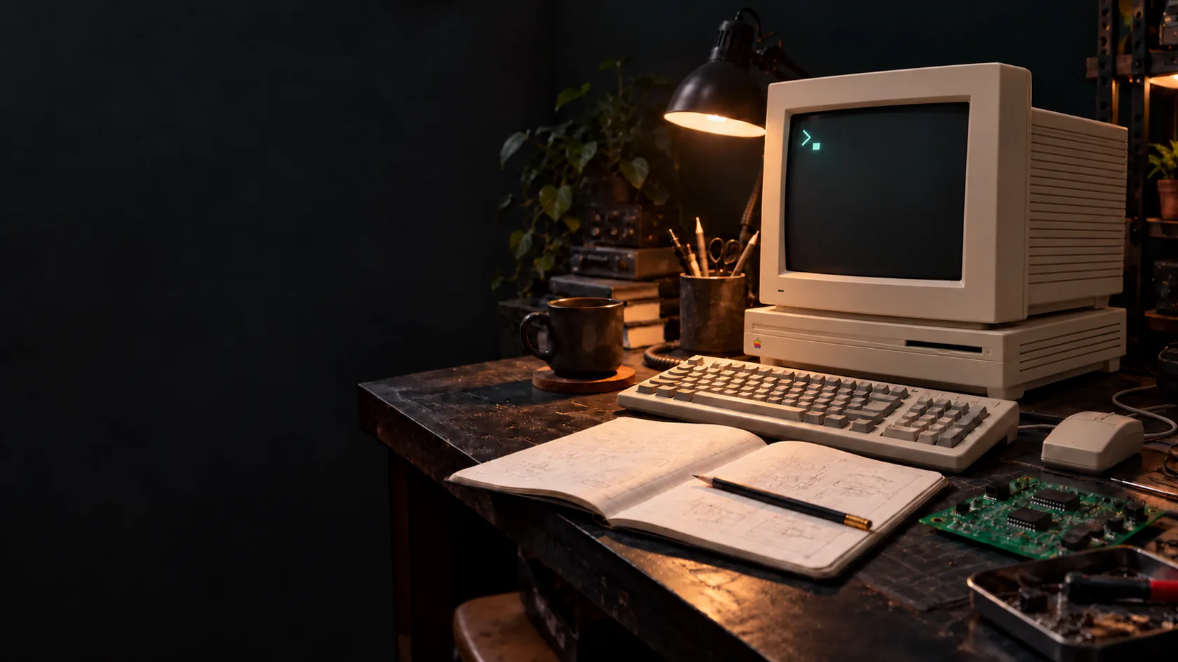 Illustrated Macintosh LC III and low-base ribbed CRT display on a workbench.
